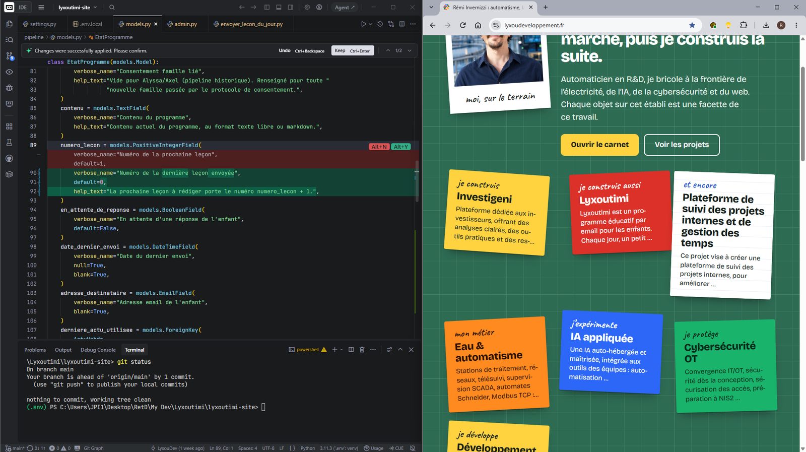 Éditeur de code et page du site côte à côte pendant la refonte